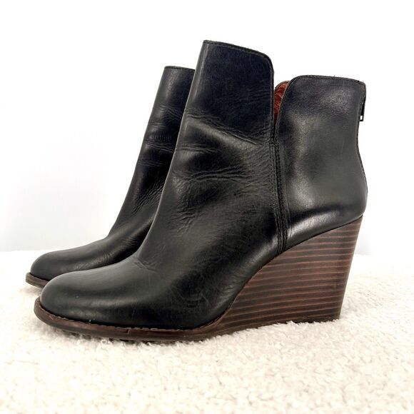 LUCKY BRAND Yolene Leather Boots Womens Size 9.5M Wedge Black Zipper Retro Boho - Picture 1 of 11